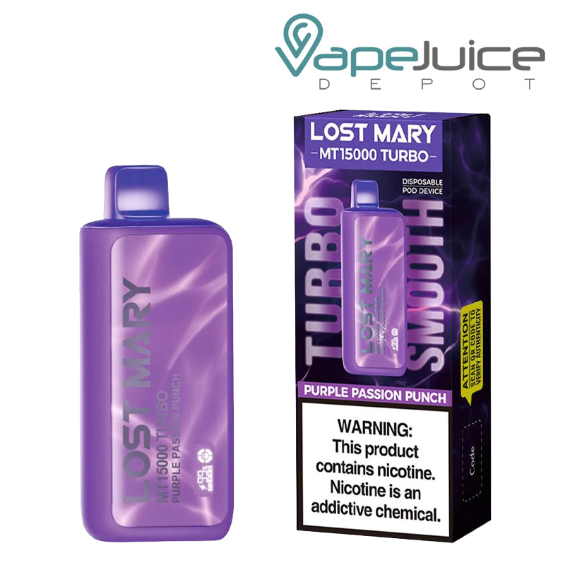Purple Passion Punch Lost Mary MT15000 Turbo Disposable and a box with a warning sign next to it - Vape Juice Depot
