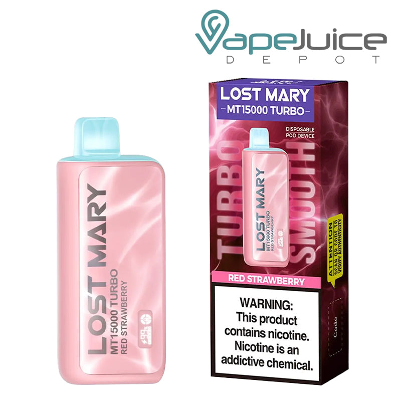 Red Strawberry Lost Mary MT15000 Turbo Disposable and a box with a warning sign next to it - Vape Juice Depot