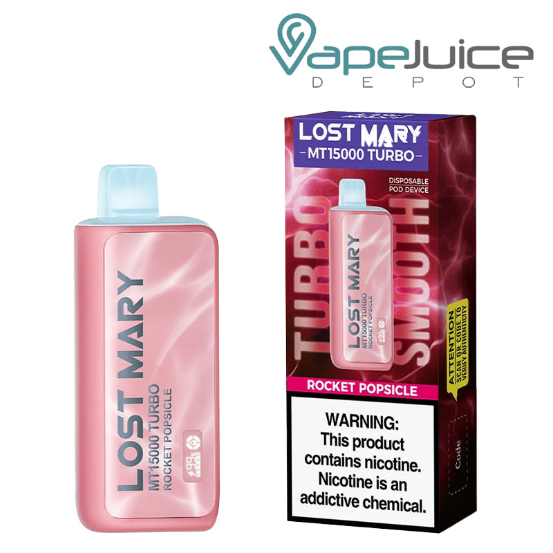 A Disposable of Rocker Popsicle Lost Mary MT15000 Turbo and a box with a warning sign next to it - Vape Juice Depot