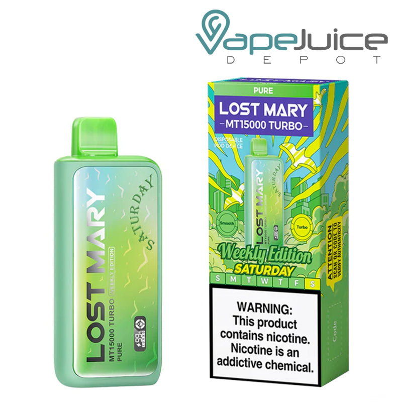 Pure (Saturday) Lost Mary MT15000 Turbo Disposable and a box with a warning sign next to it - Vape Juice Depot