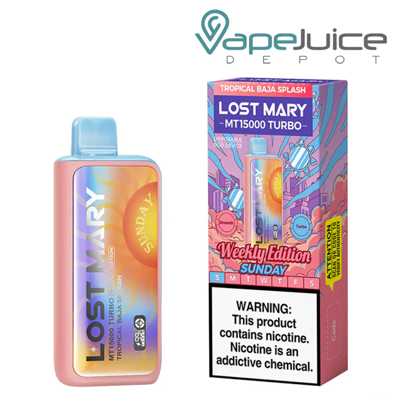 Tropical Baja Splash (Sunday) Lost Mary MT15000 Turbo Disposable and a box with a warning sign next to it - Vape Juice Depot