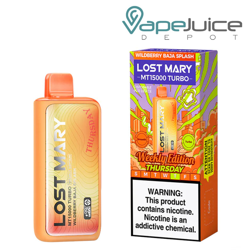 Wildberry Baja Splash (Thursday) Lost Mary MT15000 Turbo Disposable and a box with a warning sign next to it - Vape Juice Depot