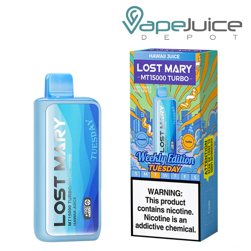 Hawaii Juice (Tuesday) Lost Mary MT15000 Turbo Disposable and a box with a warning sign next to it - Vape Juice Depot