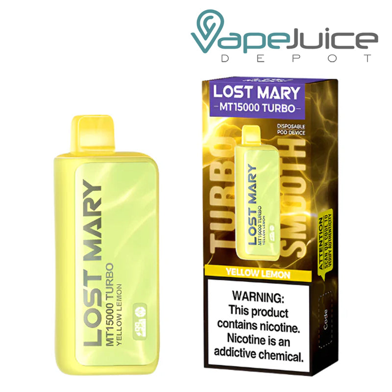 Yellow Lemon Lost Mary MT15000 Turbo Disposable and a box with a warning sign next to it - Vape Juice Depot