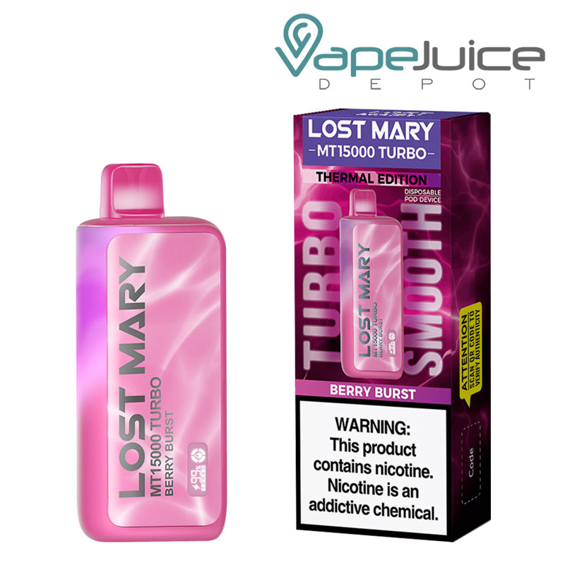 A Disposable of Berry Burst Lost Mary MT15000 Turbo and a box with a warning sign next to it - Vape Juice Depot