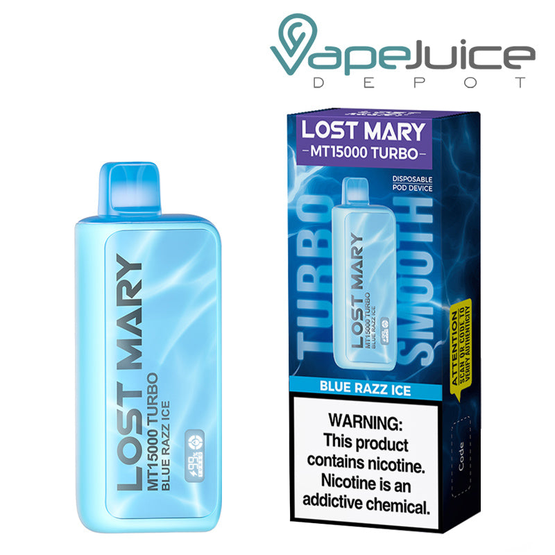 A Disposable of Blue Razz Ice Lost Mary MT15000 Turbo and a box with a warning sign next to it - Vape Juice Depot