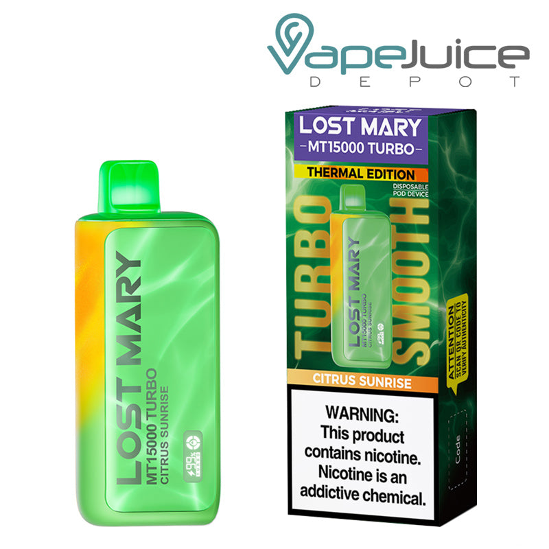 A Disposable of Citrus Sunrise Lost Mary MT15000 Turbo and a box with a warning sign next to it - Vape Juice Depot