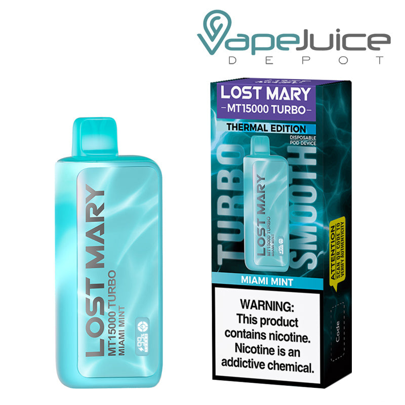 A Disposable of Miami Mint Lost Mary MT15000 Turbo and a box with a warning sign next to it - Vape Juice Depot