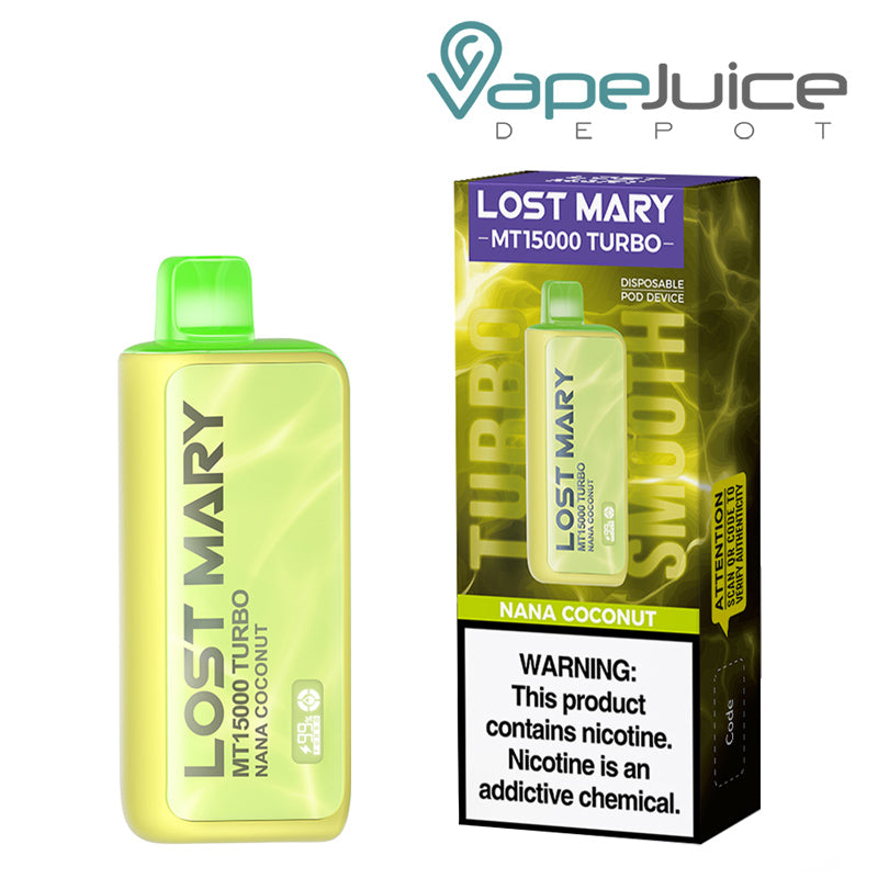 A Disposable of Nana Cococnut Lost Mary MT15000 Turbo and a box with a warning sign next to it - Vape Juice Depot