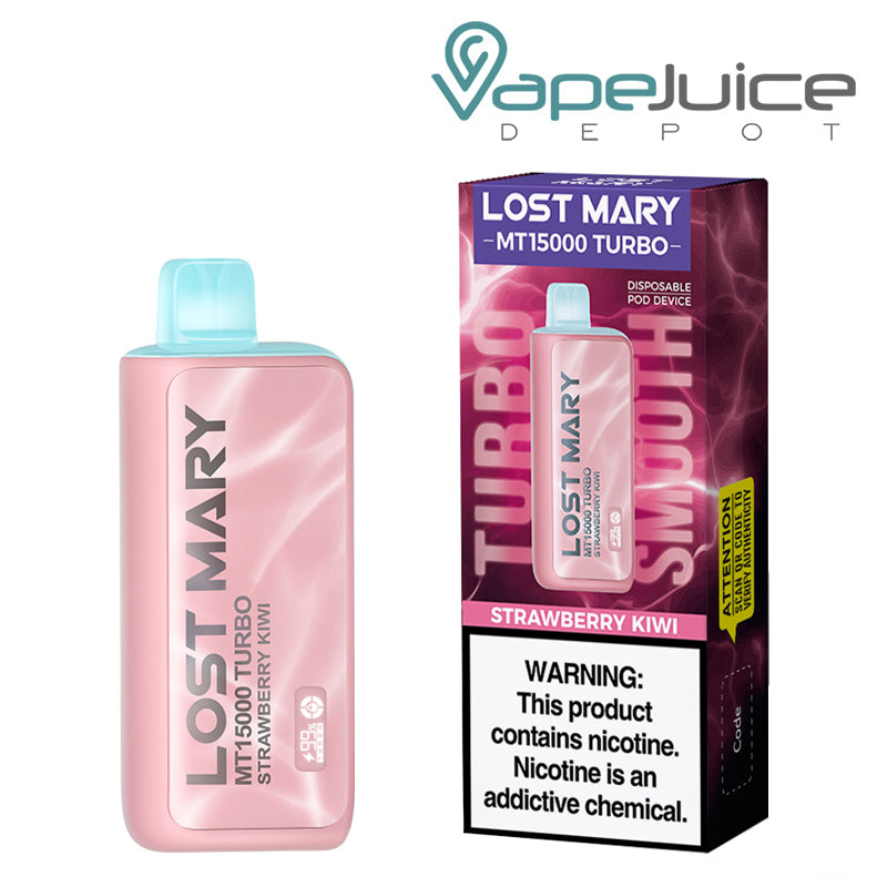 A Disposable of Strawberry Kiwi Lost Mary MT15000 Turbo and a box with a warning sign next to it - Vape Juice Depot