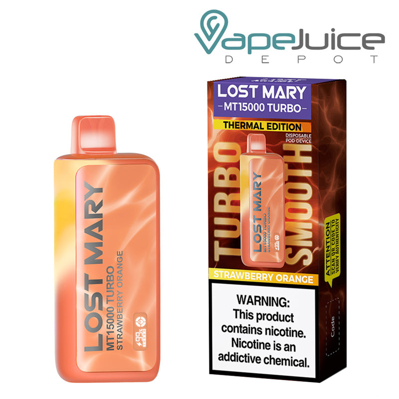 A Disposable of Strawberry Orange Lost Mary MT15000 Turbo and a box with a warning sign next to it - Vape Juice Depot