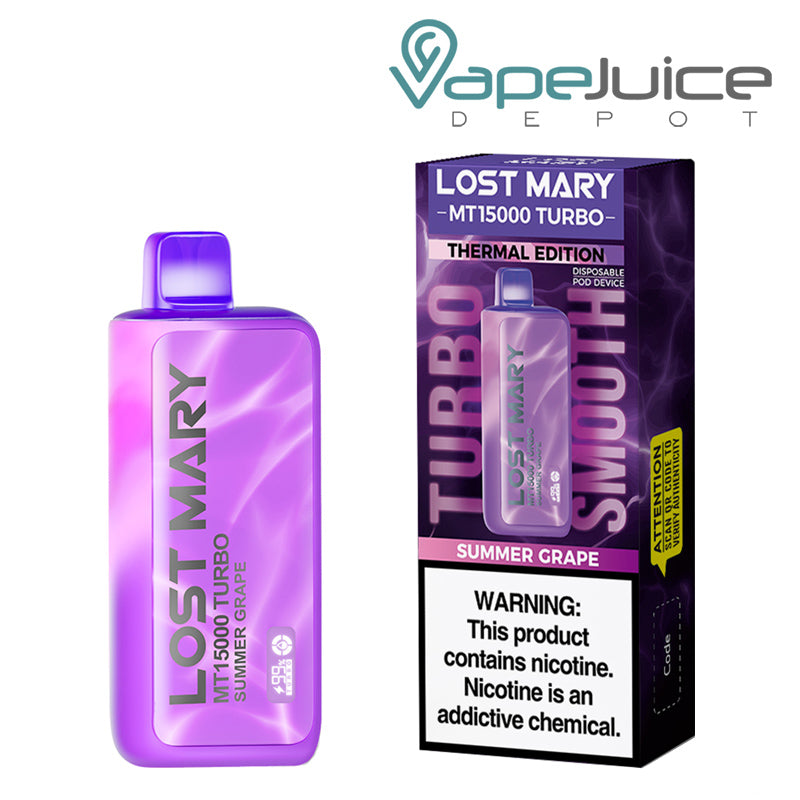 A Disposable of Summer Grape Lost Mary MT15000 Turbo and a box with a warning sign next to it - Vape Juice Depot