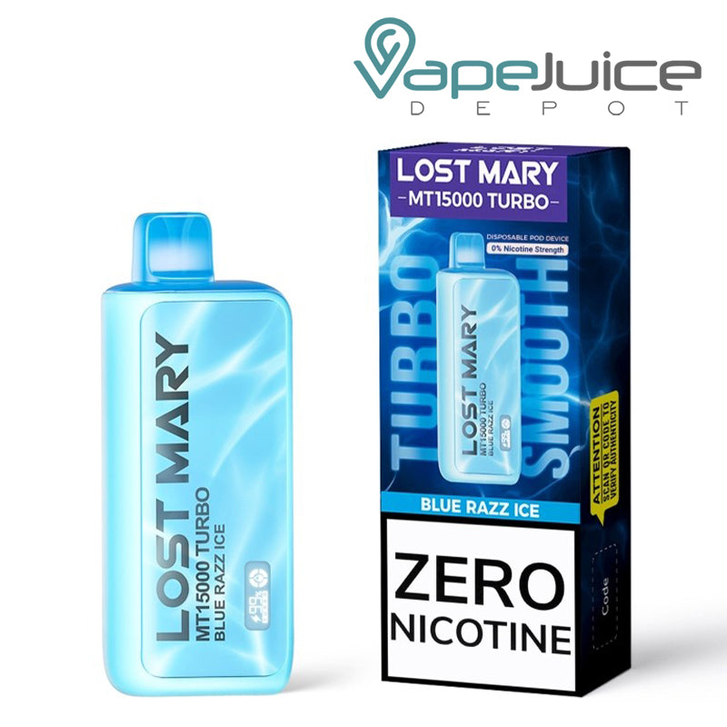 Blue Razz Ice Lost Mary MT15000 Turbo Zero Disposable and a box next to it - Vape Juice Depot