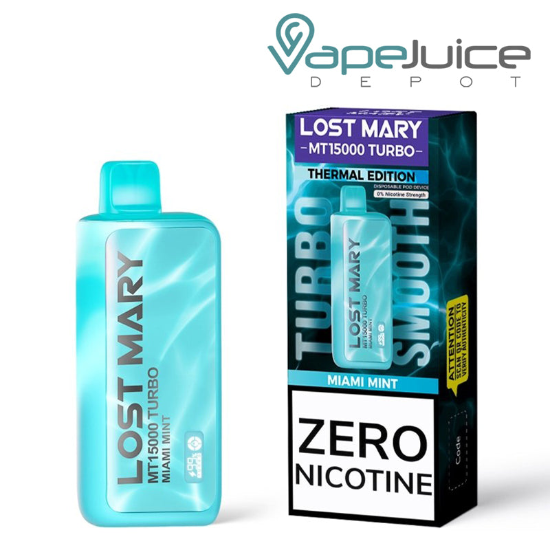 Miami Mint Lost Mary MT15000 Turbo Zero Disposable and a box next to it - Vape Juice Depot