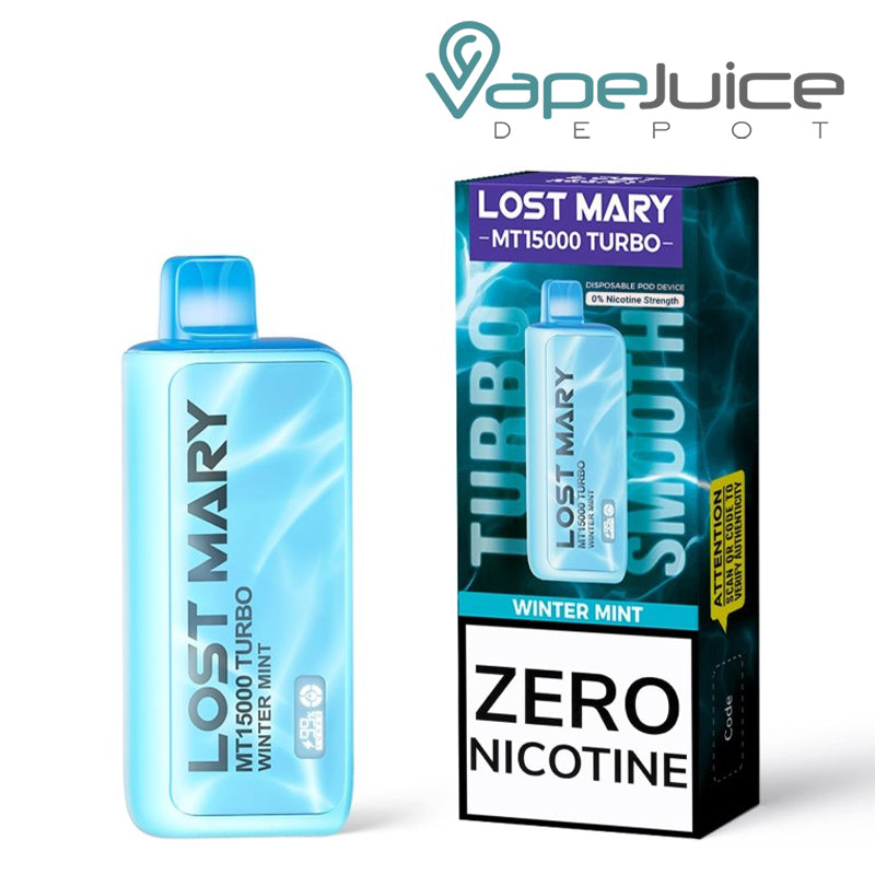 Winter Mint Lost Mary MT15000 Turbo Zero Disposable and a box next to it - Vape Juice Depot