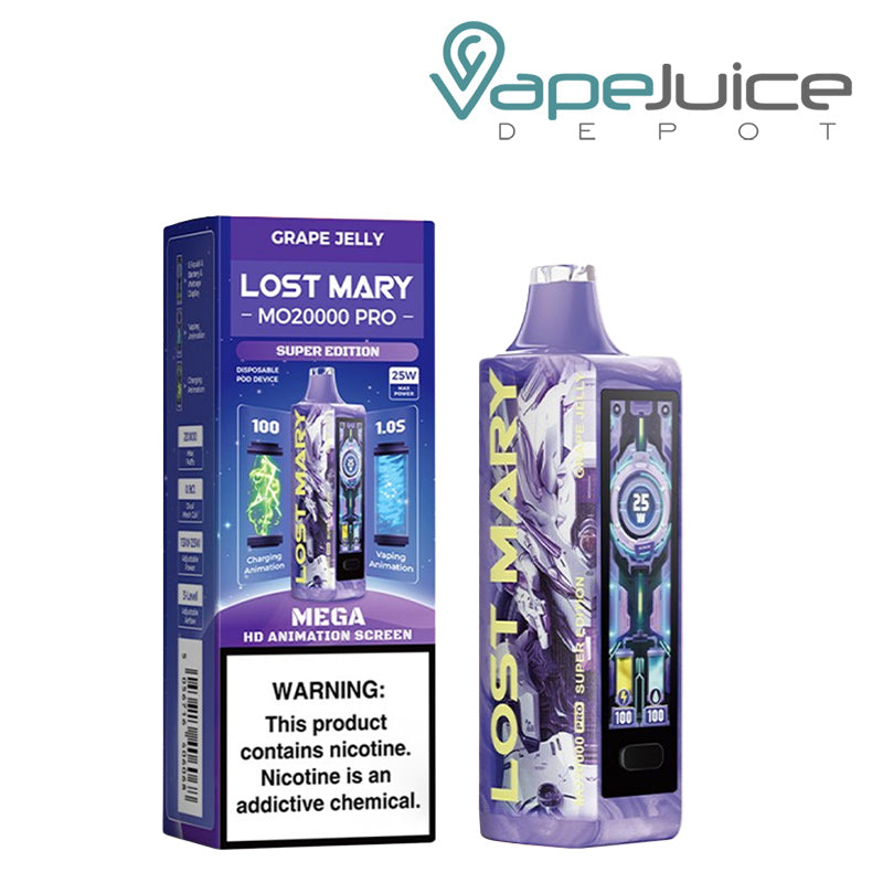 A Box of Grape Jelly Lost Mary MO20000 Pro Disposable with a warning sign and a disposable with HD screen next to it - Vape Juice Depot