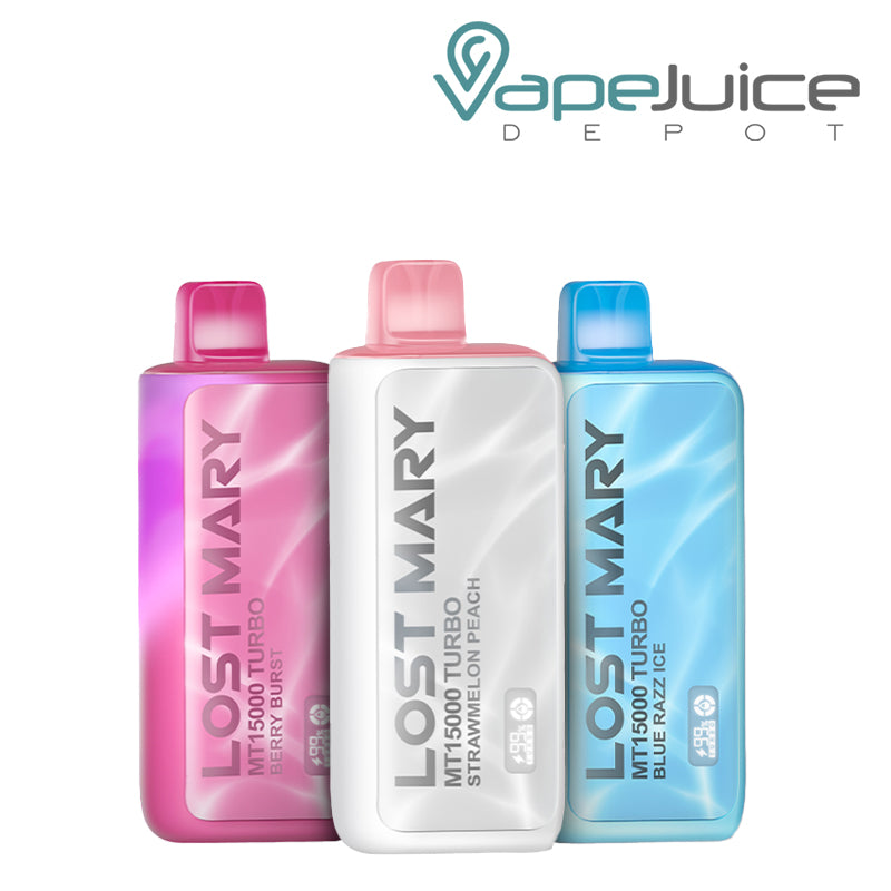 Three flavors of Lost Mary MT15000 Turbo 20mg Disposable next to each other - Vape Juice Depot