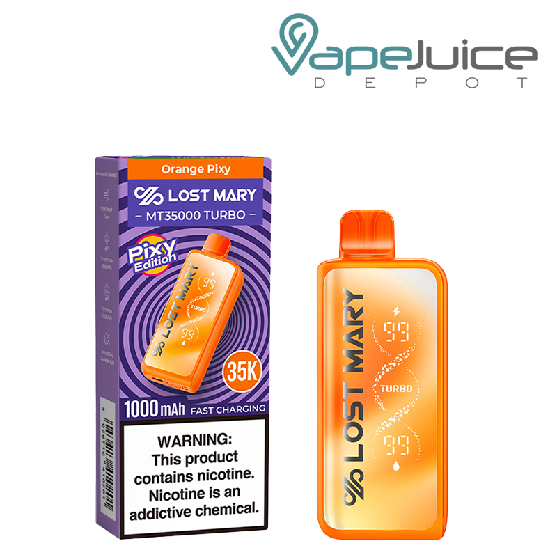 A Box of Orange Pixy Lost Mary MT35000 Turbo Disposable with a warning sign and a device next to it - Vape Juice Depot