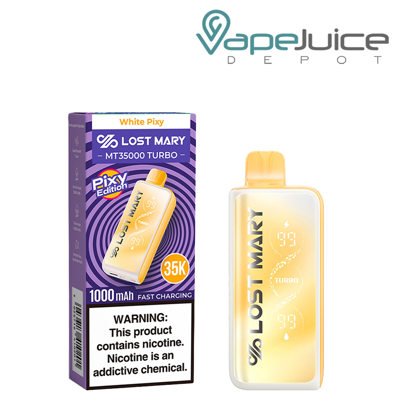A Box of White Pixy Lost Mary MT35000 Turbo Disposable with a warning sign and a device next to it - Vape Juice Depot