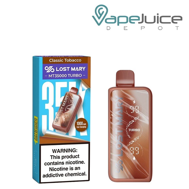 A Box of Lost Mary MT35000 Turbo Tobacco Disposable with a warning sign  and a device next to it - Vape Juice Depot