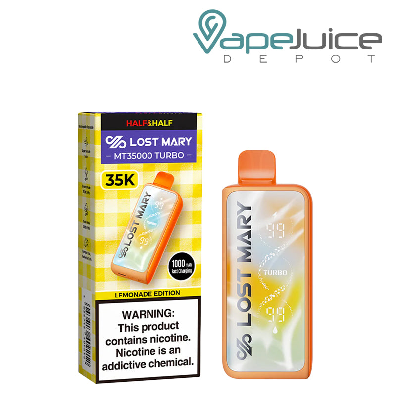 A Half and Half Lost Mary MT35000 Turbo disposable vape with digital display screen, side e-liquid visibility, and matching box packaging with a nicotine warning - Vape Juice Depot.