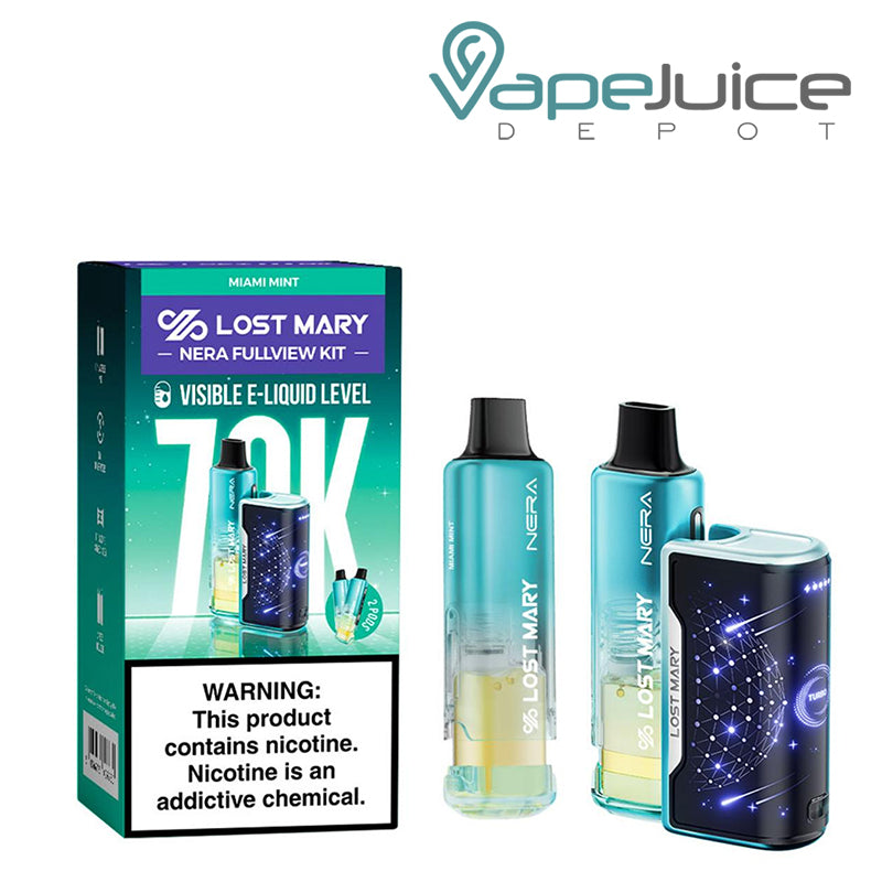 A box of Miami Mint Lost Mary Nera Fullview 70K Disposable Kit with a warning sign and a battery device and pre-filled pod next to it – Vape Juice Depot