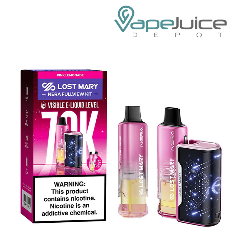 A box of Pink Lemonade Lost Mary Nera Fullview 70K Disposable Kit with a warning sign and a battery device and pre-filled pod next to it – Vape Juice Depot