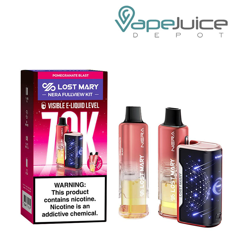 A box of Pomegranate Blast Lost Mary Nera Fullview 70K Disposable Kit with a warning sign and a battery device and pre-filled pod next to it – Vape Juice Depot