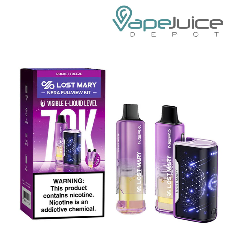 A box of Rocket Freeze Lost Mary Nera Fullview 70K Disposable Kit with a warning sign and a battery device and pre-filled pod next to it – Vape Juice Depot