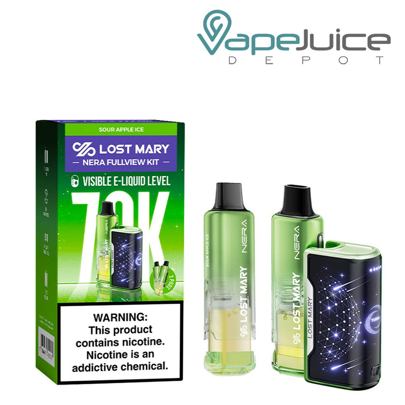A box of Sour Apple Ice Lost Mary Nera Fullview 70K Disposable Kit with a warning sign and a battery device and pre-filled pod next to it – Vape Juice Depot