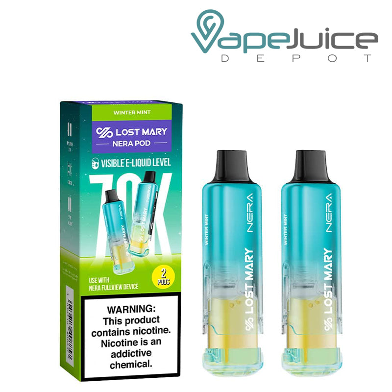 A box of Winter Mint Lost Mary Nera Fullview 70K Disposable Pods with a warning sign and 2 pods next to it  – Vape Juice Depot
