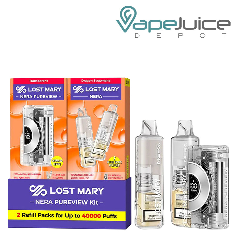 A Box of Dragon Strawnana Lost Mary NERA Pureview 40K Disposable and a device next to it - Vape Juice Depot