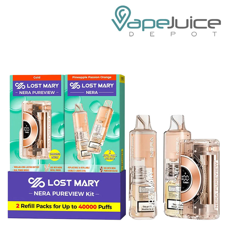 A Box of Pineapple Passion Orange Lost Mary NERA Pureview 40K Disposable and a device next to it - Vape Juice Depot