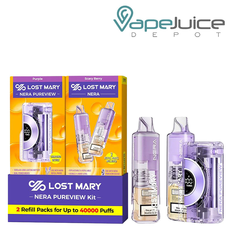 A Box of Scary Berry Lost Mary NERA Pureview 40K Disposable and a device next to it - Vape Juice Depot