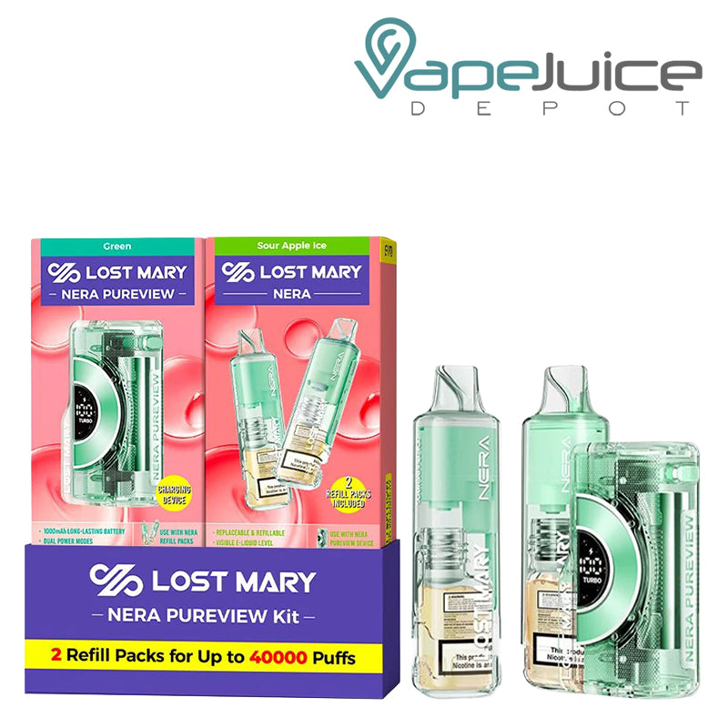 A Box of Sour Apple Ice Lost Mary NERA Pureview 40K Disposable and a device next to it - Vape Juice Depot