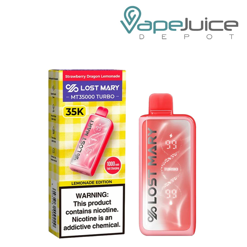 A Strawberry Dragon Lemonade Lost Mary MT35000 Turbo disposable vape with digital display screen, side e-liquid visibility, and matching box packaging with a nicotine warning - Vape Juice Depot