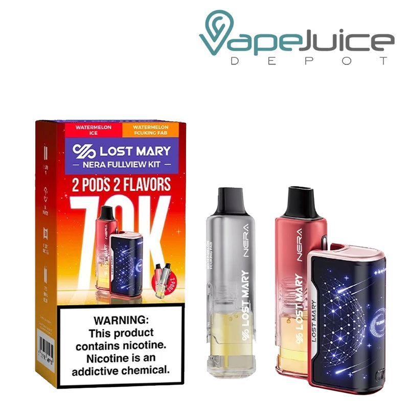 A box of Watermelon Ice/Watermelon Fcuking Fab Lost Mary Nera Fullview 70K Disposable Kit with a warning sign and a battery device and pre-filled pod next to it – Vape Juice Depot