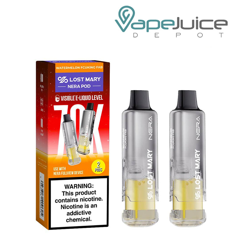 A box of Watermelon Fcuking Fab Lost Mary Nera Fullview 70K Disposable Pods with a warning sign and 2 pods next to it  – Vape Juice Depot