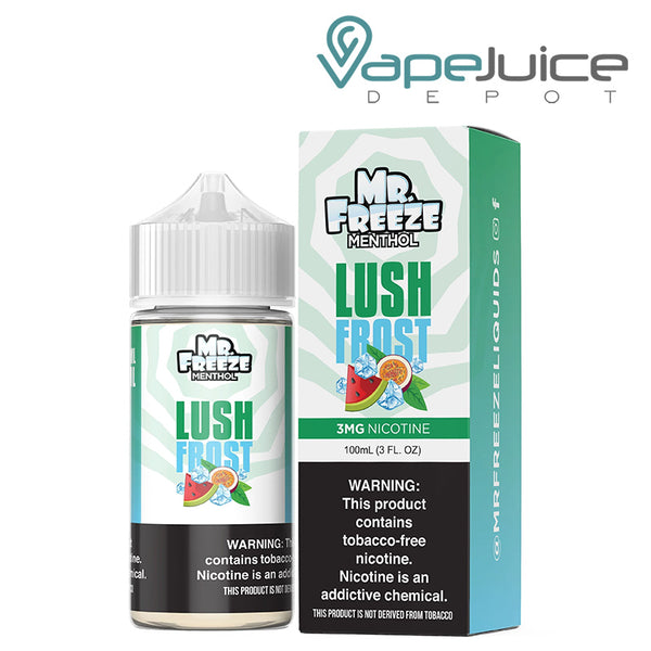 A 100ml bottle of Lush Frost Mr Freeze eLiquid and a box with a warning sign next to it - Vape Juice Depot