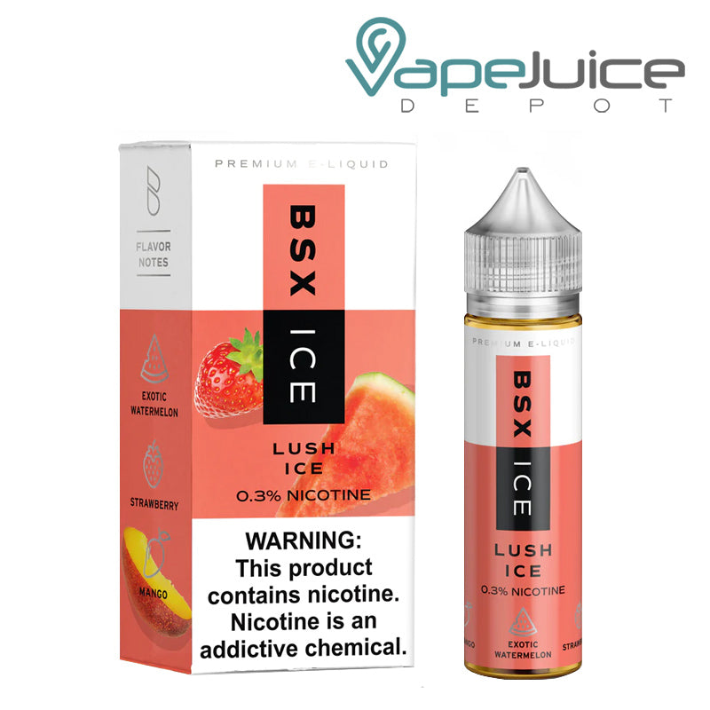 A box of Lush Ice Glas Basix TFN eLiquid with a warning sign and a 60ml bottle next to it - Vape Juice Depot