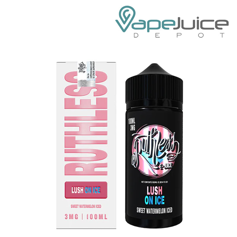 A Box of Lush On Ice Ruthless Vapor and 100ml Bottle next to it - Vape Juice Depot