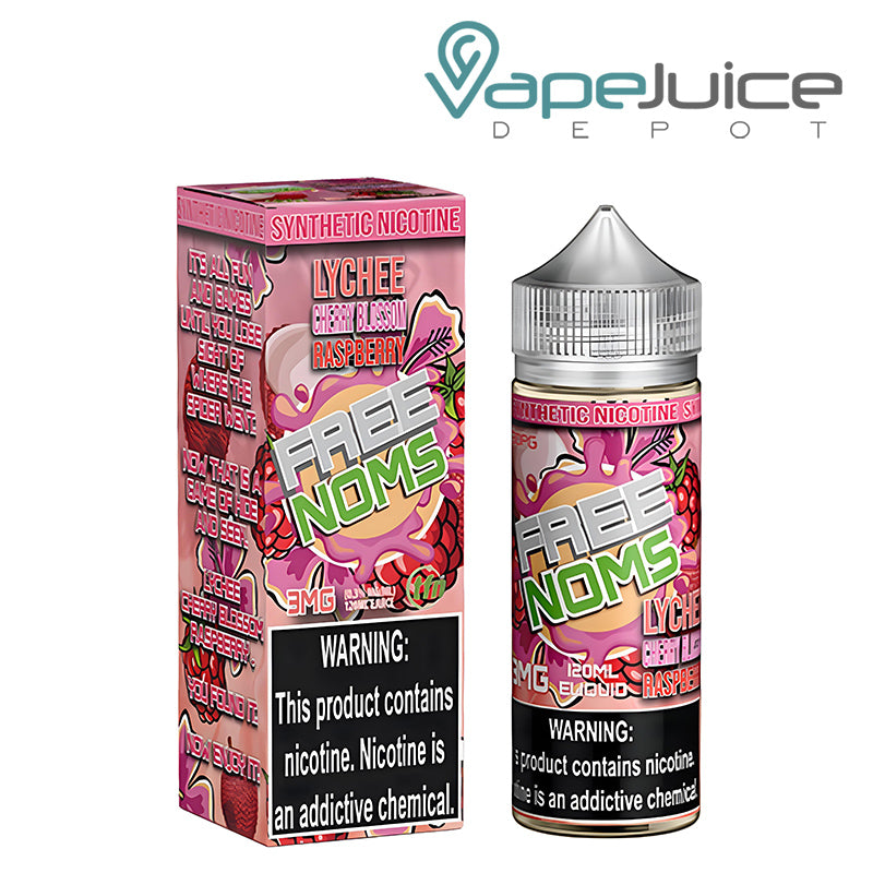 A Box of Lychee Cherry Blossom Raspberry FreeNoms TFN with a warning sign next to its 120ml bottle - Vape Juice Depot