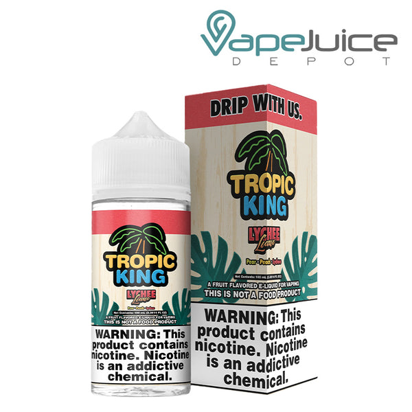 A 100ml bottle of Lychee Luau Tropic King eLiquid and a box with a warning sign next to it - Vape Juice Depot