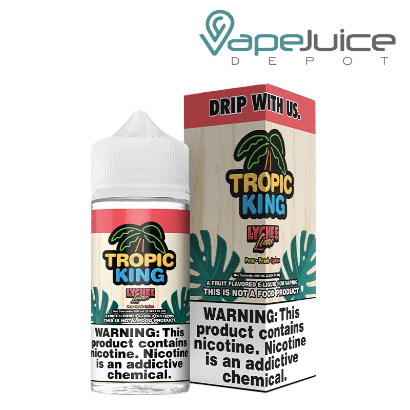 A 100ml bottle of Lychee Luau Tropic King eLiquid and a box with a warning sign next to it - Vape Juice Depot
