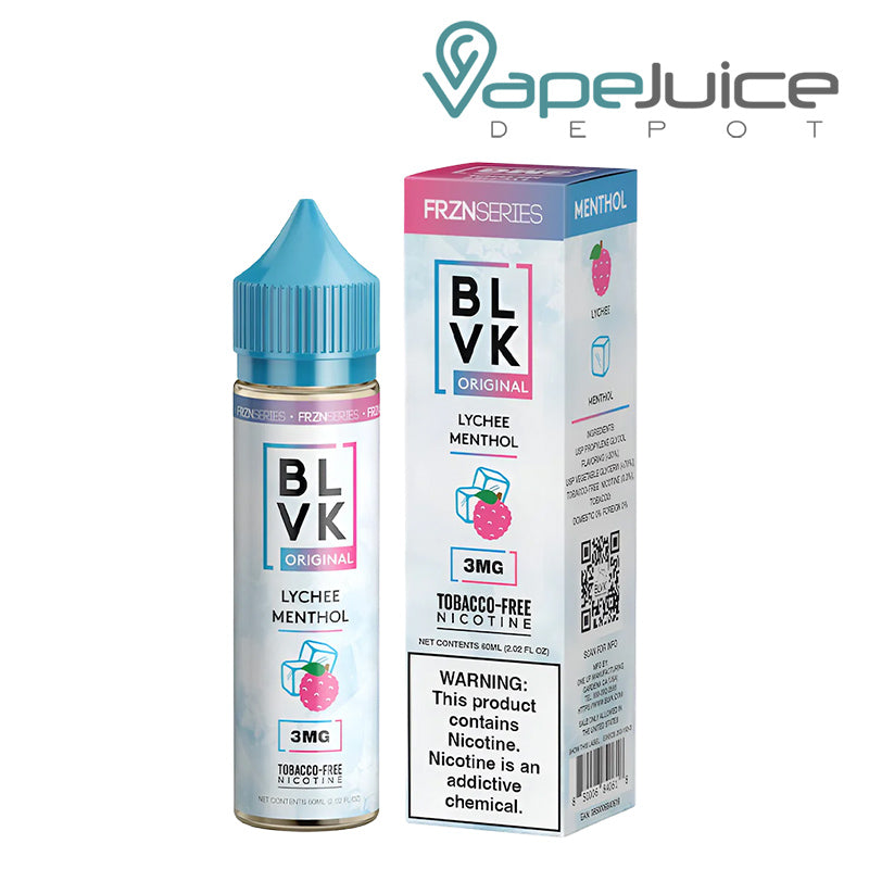 A 60ml bottle of Lychee Menthol BLVK Unicorn and a box with a warning sign next to it - Vape Juice Depot