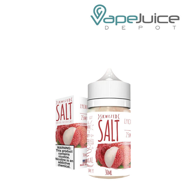 A box of Lychee Skwezed Salt with a warning sign and a 30ml bottle next to it - Vape Juice Depot