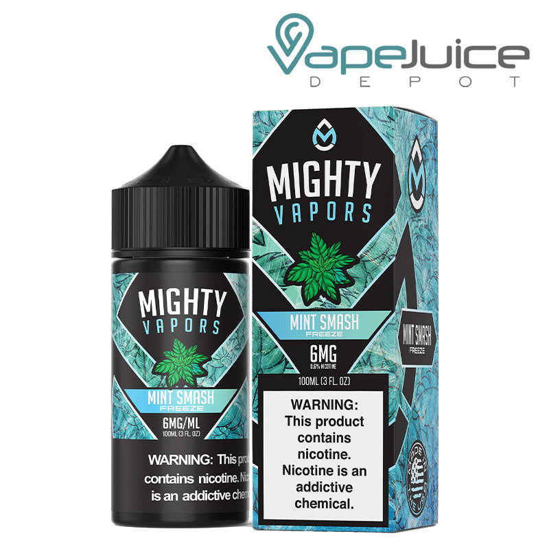 A 100ml bottle of Mint Smash Freeze Mighty Vapors and a box with a warning sign next to it - Vape Juice Depot
