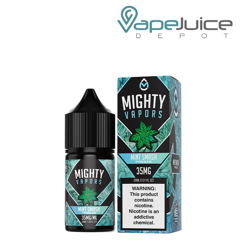A 30ml bottle of Mint Smash Freeze Salts Mighty Vapors and a box with a warning sign next to it - Vape Juice Depot