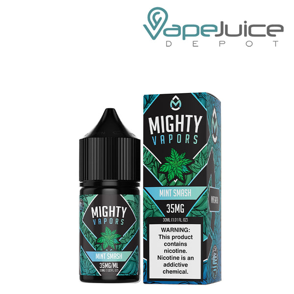 A 30ml bottle of Mint Smash Salts Mighty Vapors and a box with a warning sign next to it - Vape Juice Depot