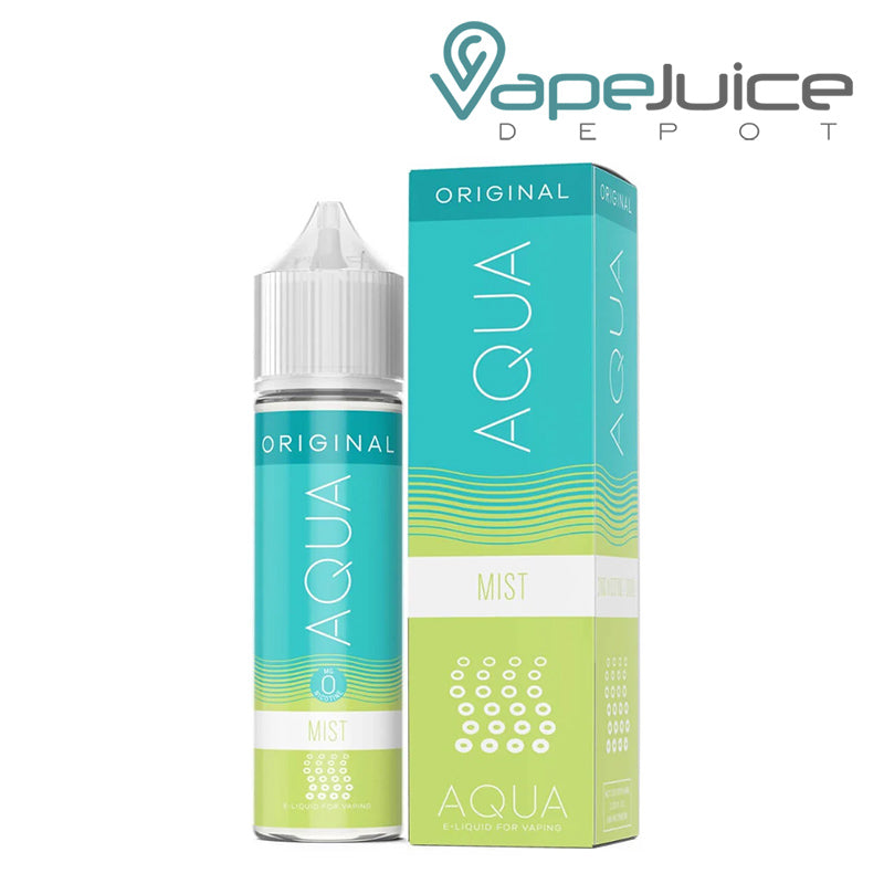A 60ml bottle of MIST AQUA Original eLiquid and a box next to it - Vape Juice Depot